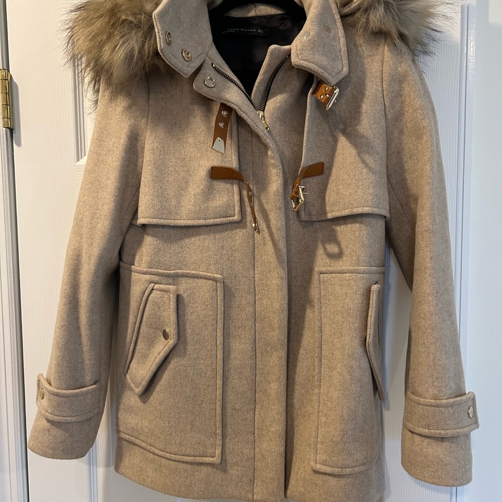 Zara Tan Wool Coat with Faux Fur Hood